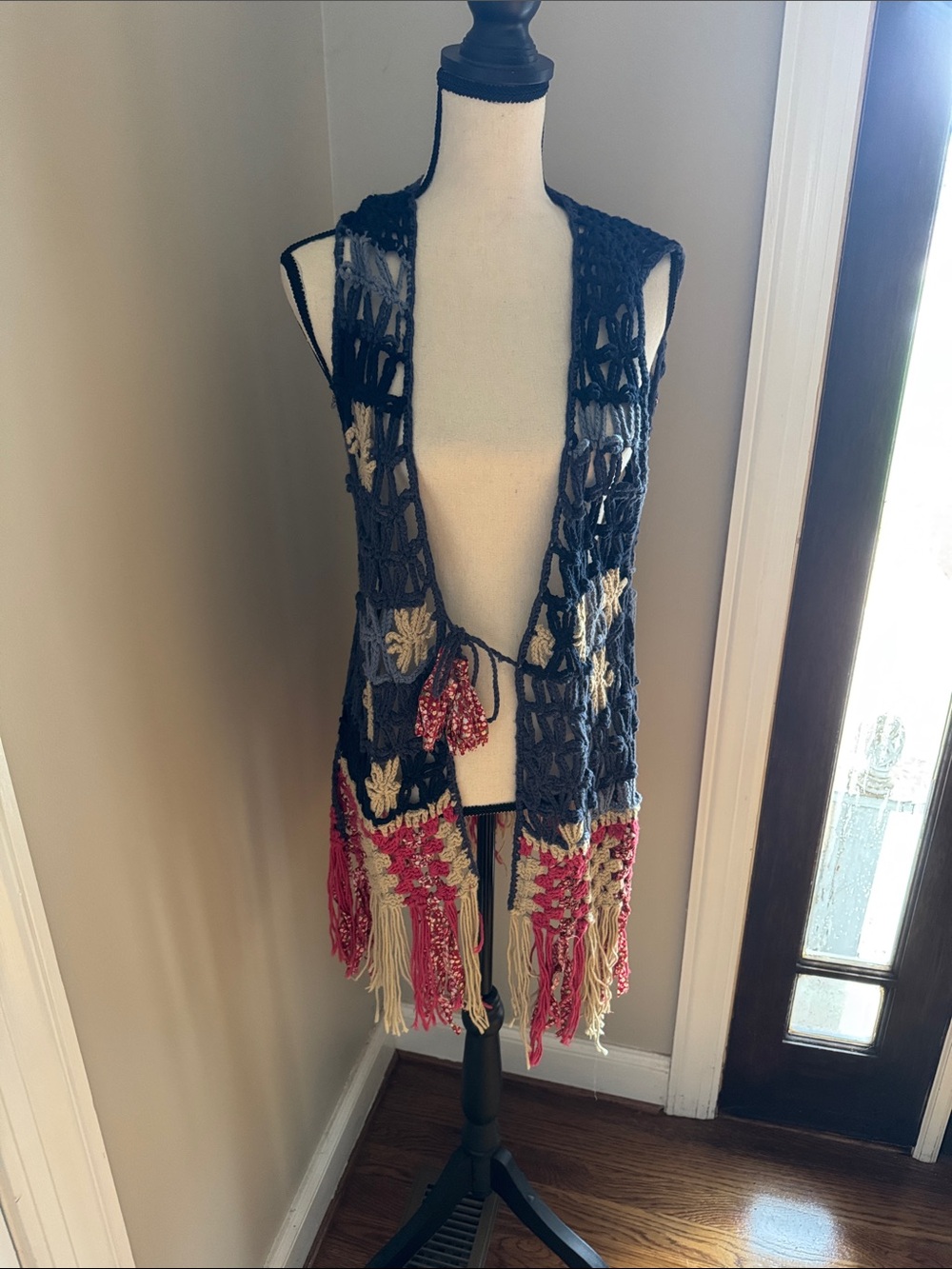Free People Crochet Openwork Fringe Vest in Black, Cream, Pink